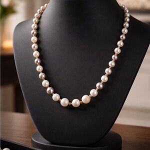 Vintage Cream and Light Gray Pearl Necklace with Gold Beads